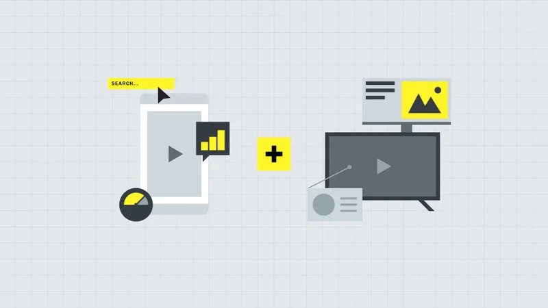 Flat illustration of search and content across a phone, desktop and TV screen