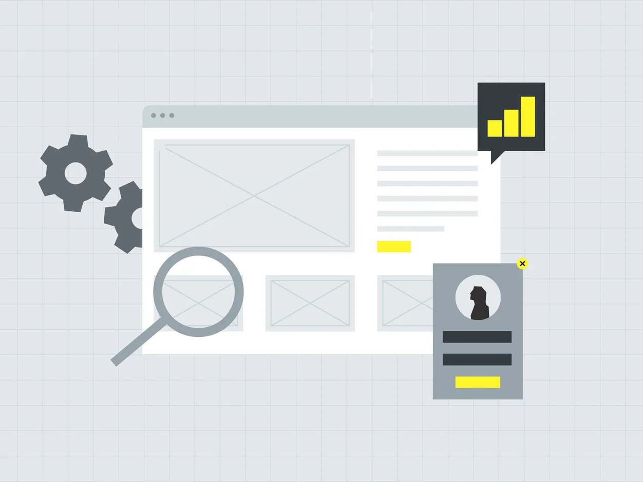 Website wireframe with gears, analytics and a profile card, illustrating site operations