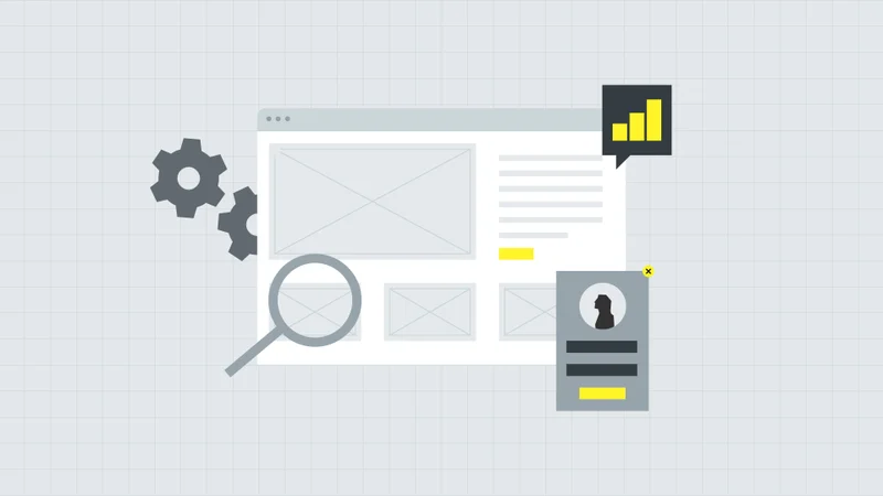 Website wireframe with gears, analytics and a profile card, illustrating site operations
