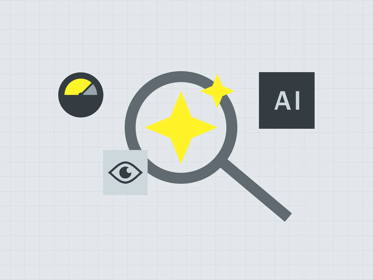 Flat illustration of AI-powered search with a magnifying glass, sparkles and AI label