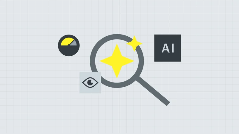 Flat illustration of AI-powered search with a magnifying glass, sparkles and AI label