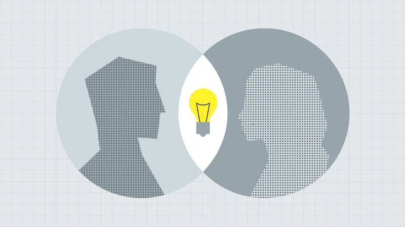 Two profiles in overlapping circles with a shared lightbulb, illustrating partnership
