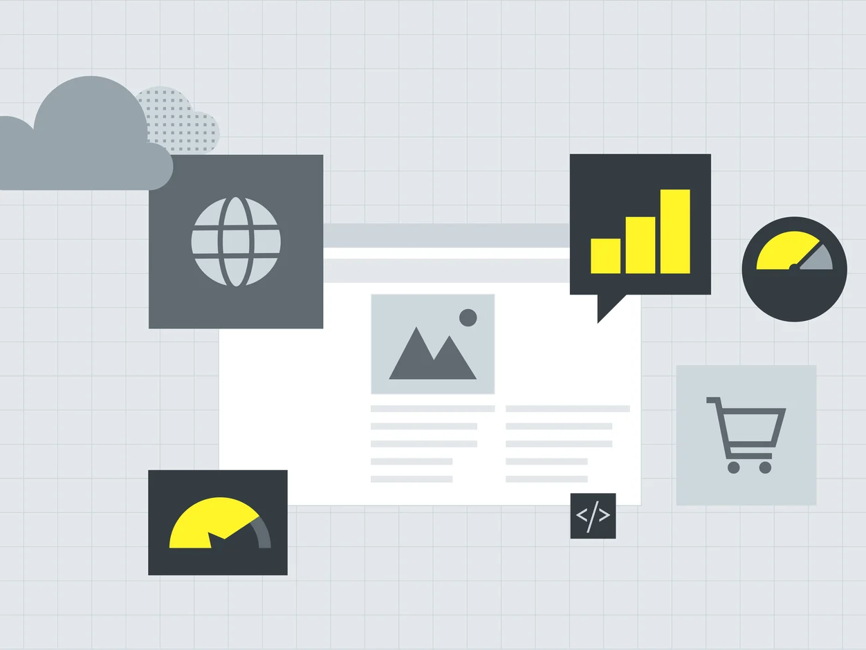 Website surrounded by cloud, analytics, ecommerce and code icons