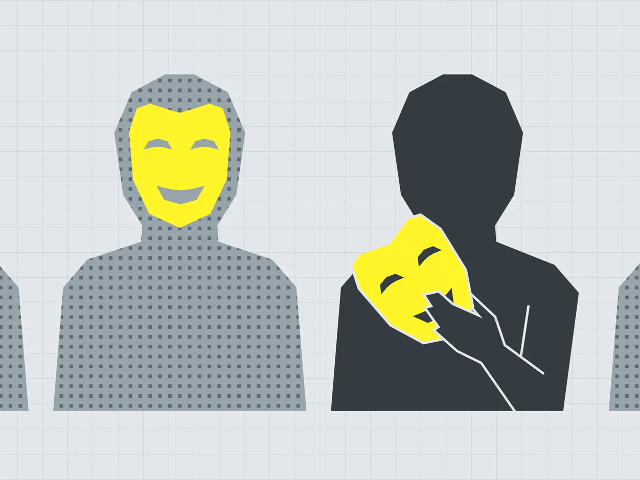 Figures wearing smiley masks with one removing theirs, illustrating being genuine