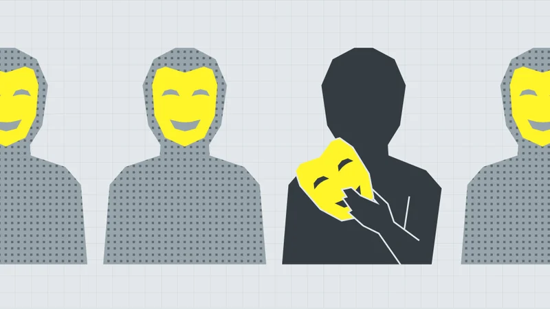 Figures wearing smiley masks with one removing theirs, illustrating being genuine