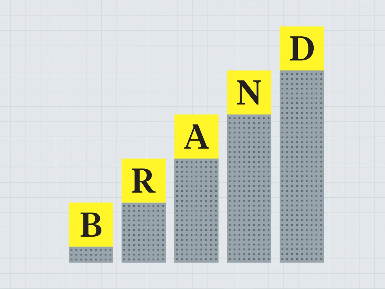 Rising bar chart with yellow tiles spelling the word brand
