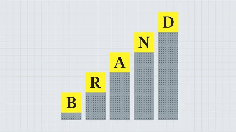 Rising bar chart with yellow tiles spelling the word brand