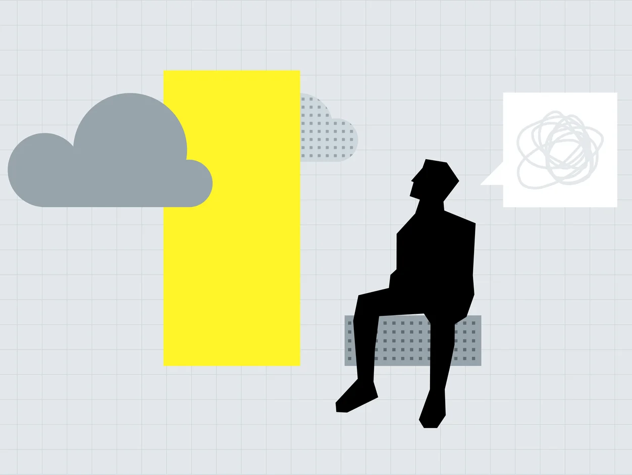 Bored person sitting beside a plain cloud with a scribble thought bubble
