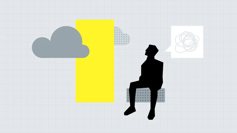 Bored person sitting beside a plain cloud with a scribble thought bubble