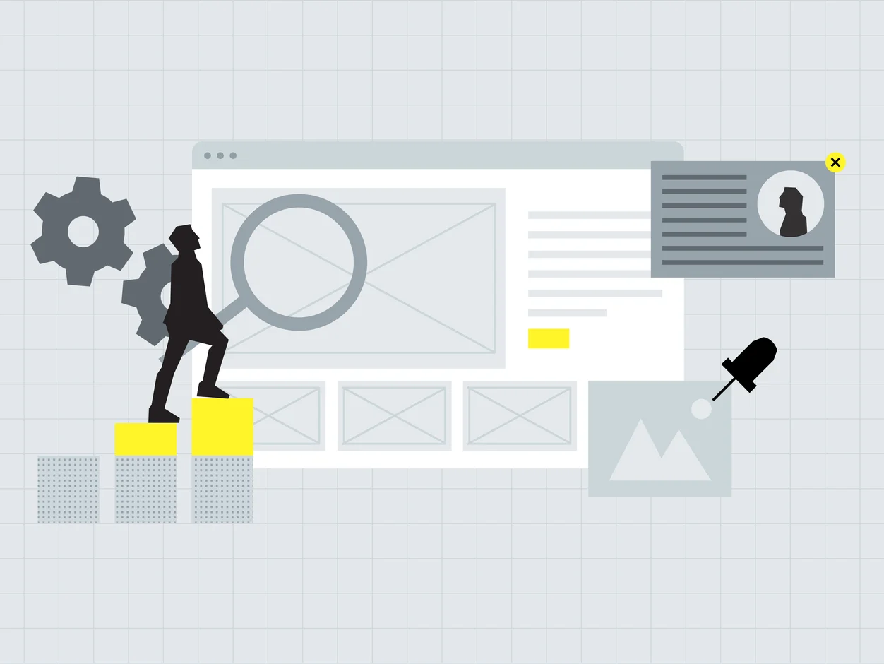 Person climbing blocks toward a website wireframe, illustrating a UX-led approach