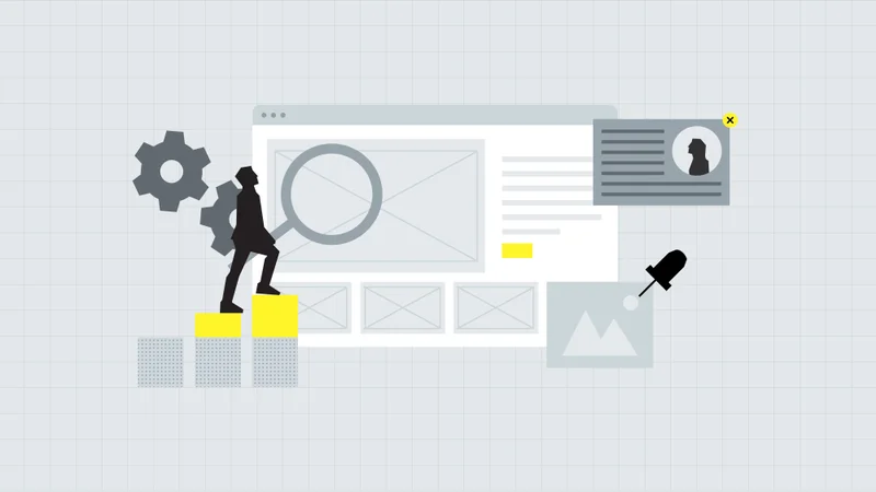 Person climbing blocks toward a website wireframe, illustrating a UX-led approach