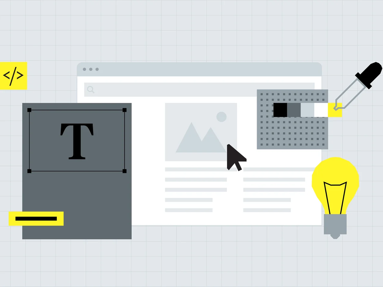 Website layout with type frame, eyedropper and code icons: design versus development