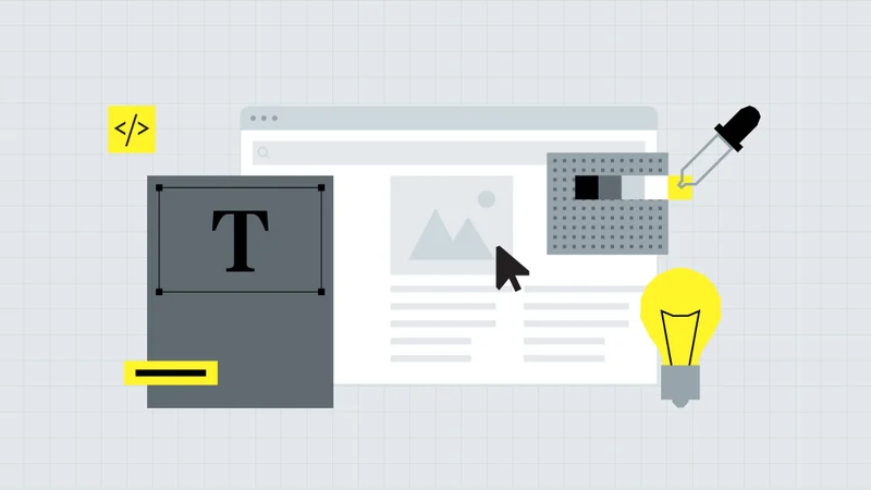 Website layout with type frame, eyedropper and code icons: design versus development