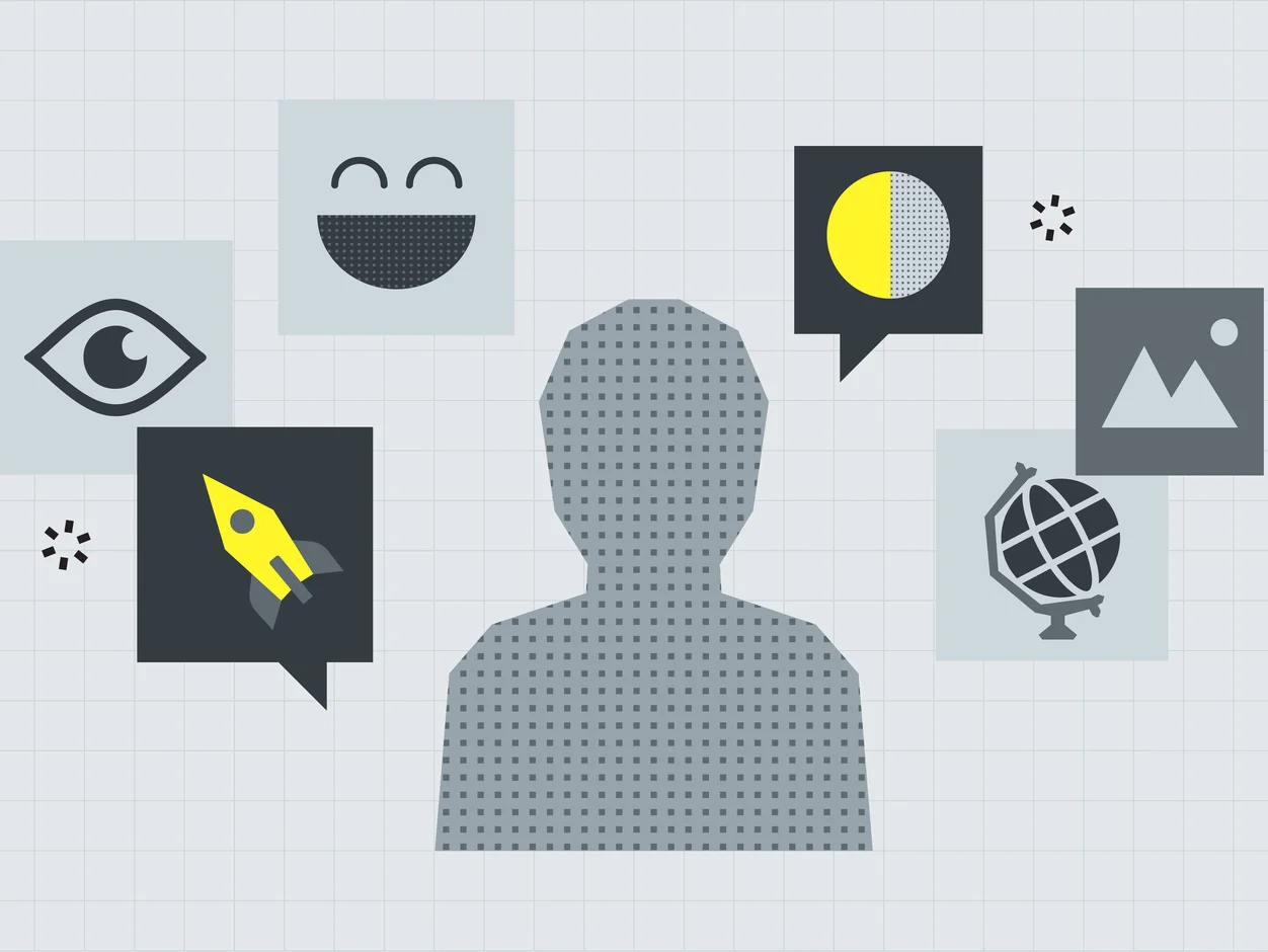 Person surrounded by icons for sight, emotion, growth and reach, illustrating connection