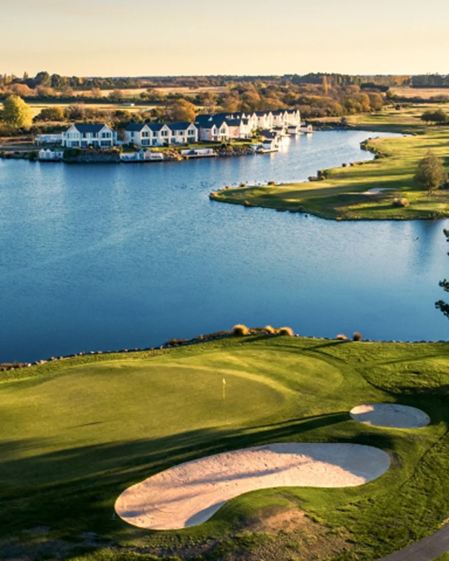 Aerial view of Clearwater golf course with its lake and lakeside houses