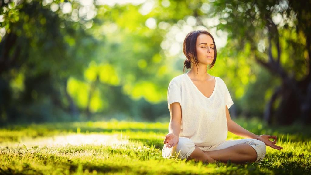 A person meditating in a peaceful, sunlit park, sitting cross-legged on the grass, surrounded by lush green trees.