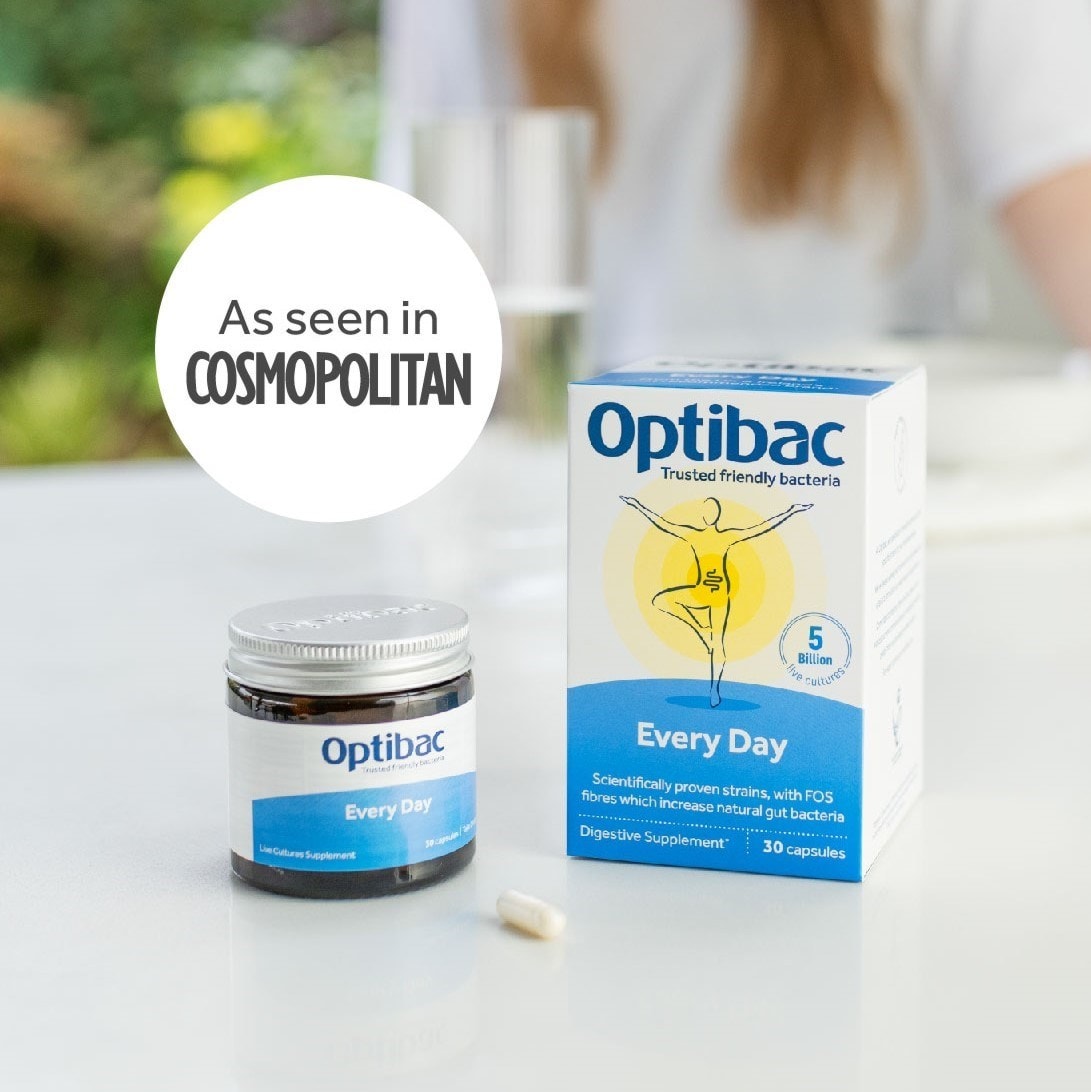 Optibac Every Day probiotics packaging with a jar and capsule, featured in Cosmopolitan magazine.