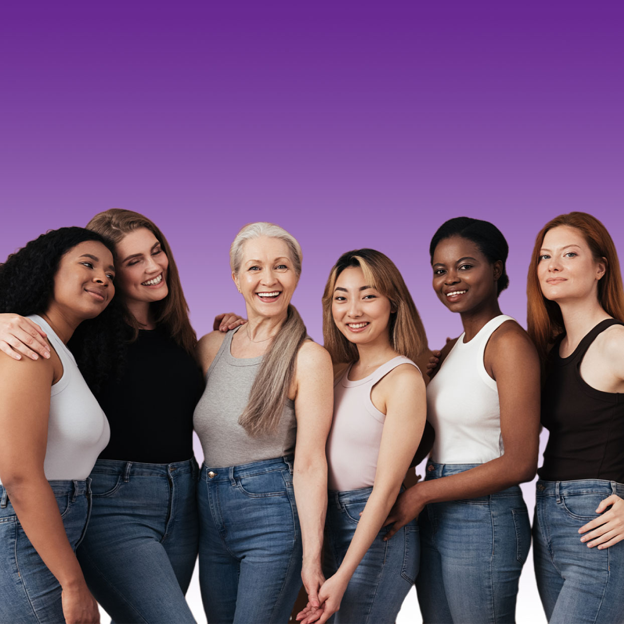 Six diverse women in casual tops and jeans stand together, smiling against a purple gradient background.