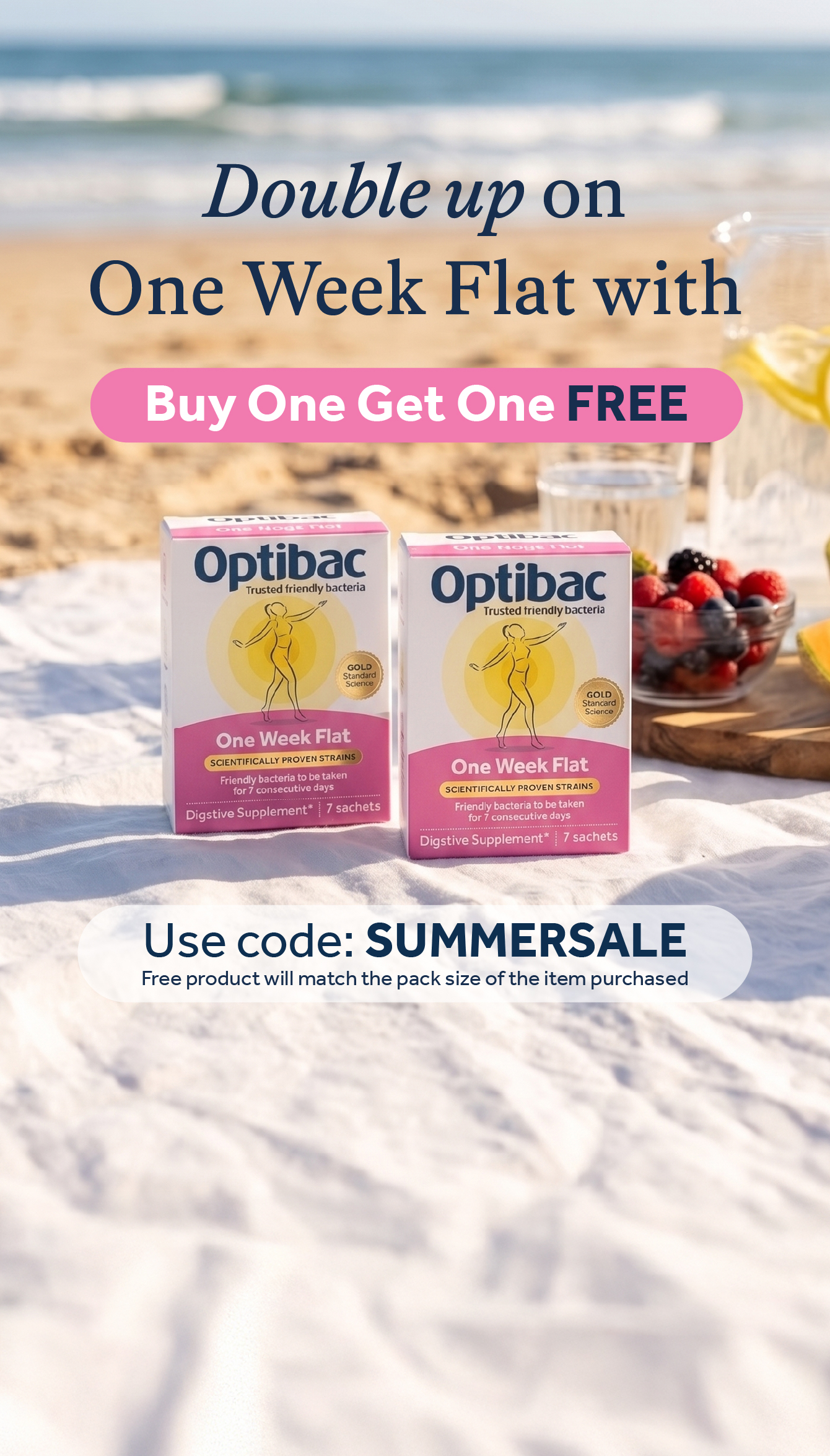 Two boxes of Optibac One Week Flat on a beach, promoting a Buy One Get One Free offer with code SUMMERSALE, surrounded by fruits and drinks.