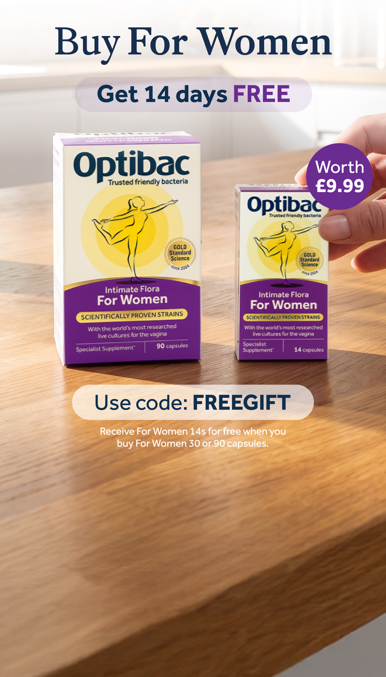 v4-Two boxes of Optibac Intimate Flora for Women on a wooden table. Promotion text offers 14 days free with a code and purchase conditions.