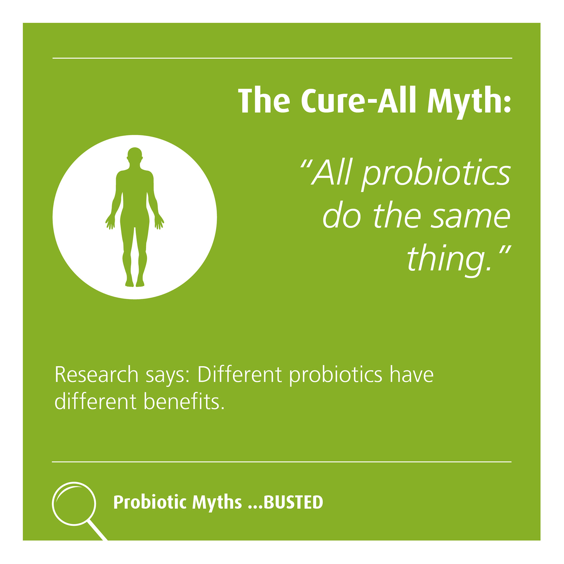 Green graphic debunking the myth that all probiotics are the same, highlighting that different probiotics have different benefits.