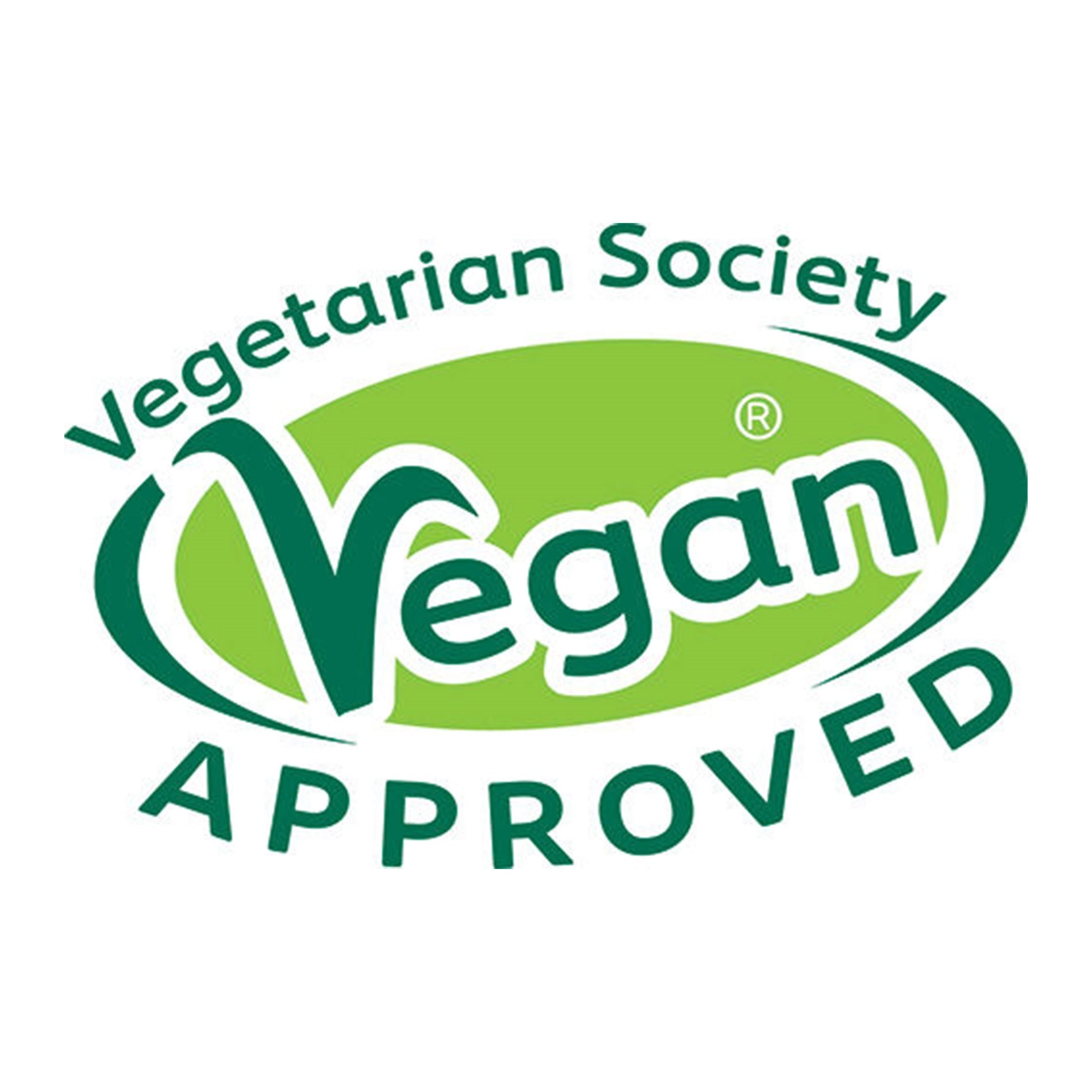 Green and white logo of the Vegetarian Society with "Vegan Approved" text in bold, featuring a stylized "V" leaf design.