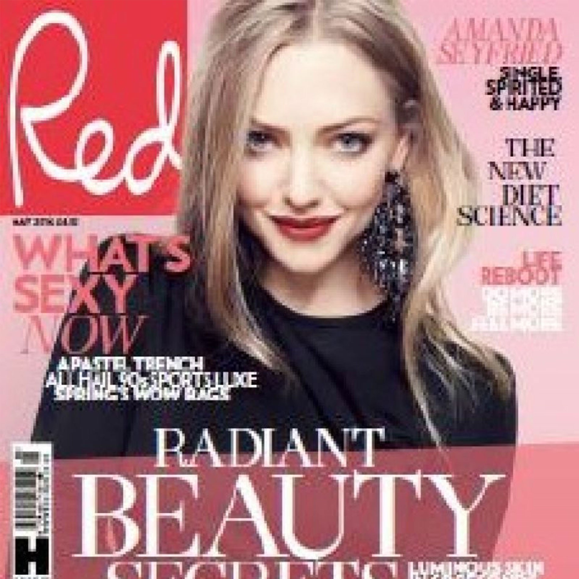 Magazine cover featuring a woman with long blonde hair, wearing a black outfit and large earrings. Text includes "Radiant Beauty Secrets."