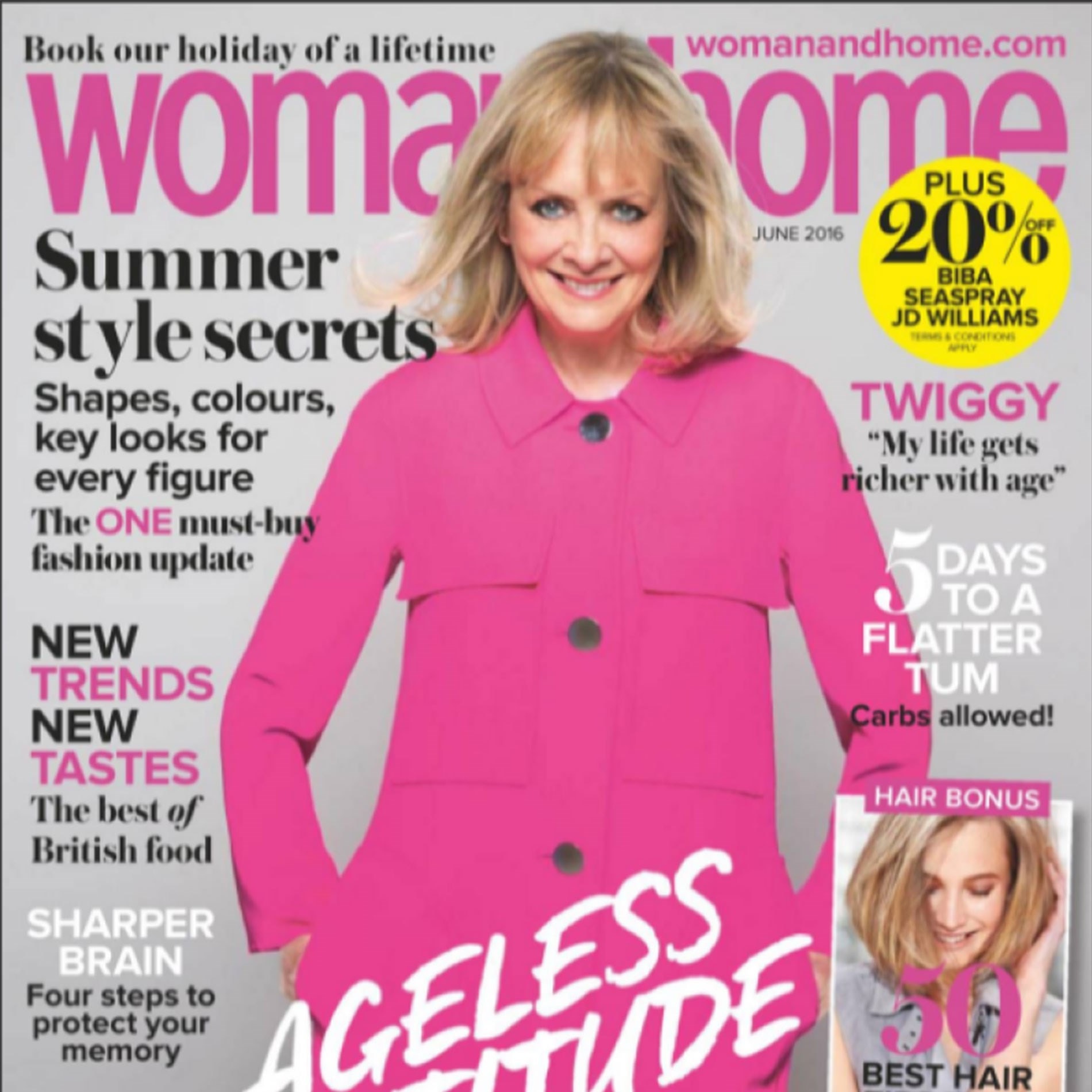 Magazine cover featuring a woman in a bright pink coat, with headlines about summer style secrets, ageless attitude, and lifestyle tips.