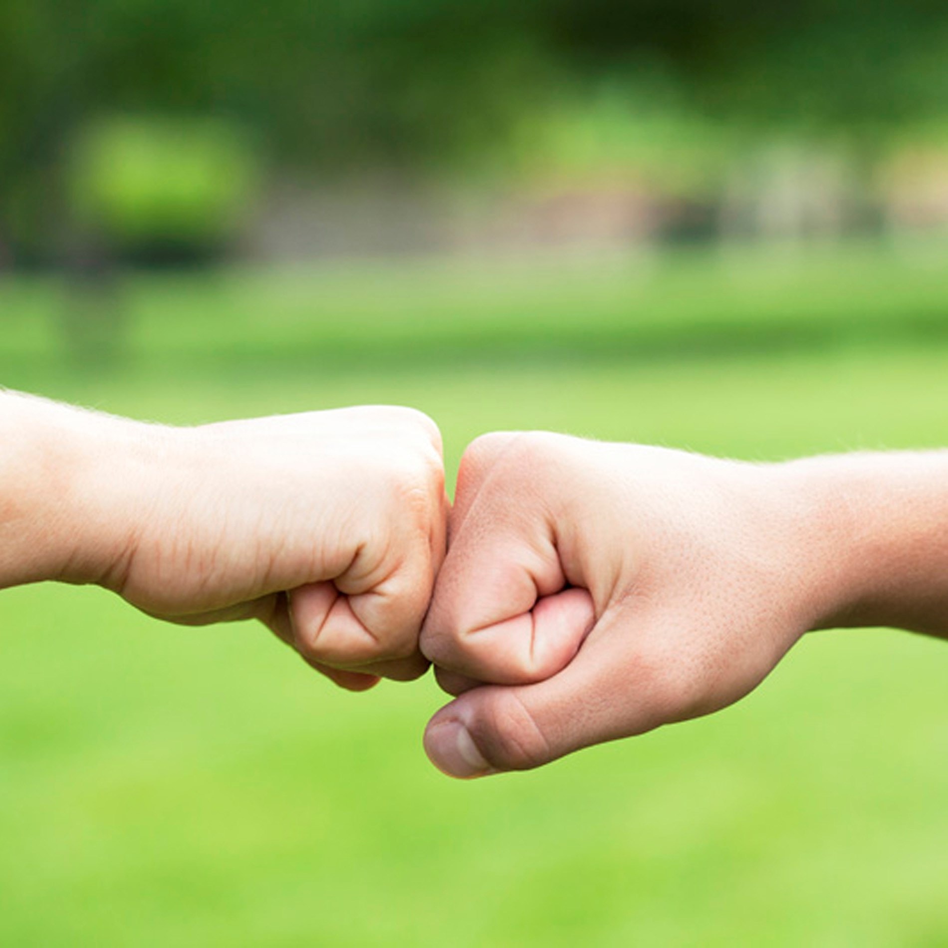 Two hands performing a fist bump outdoors against a blurred green background, symbolizing friendship or agreement.
