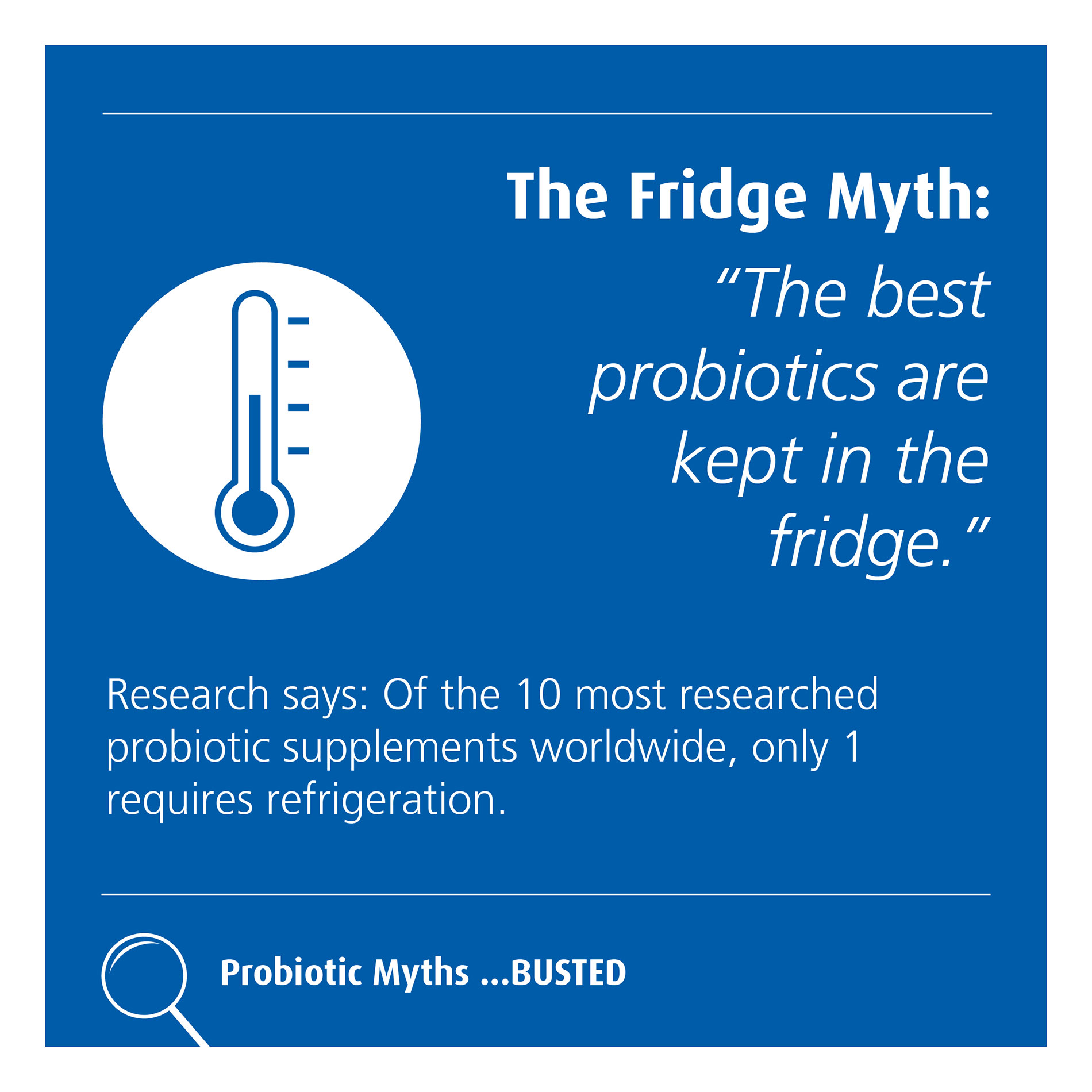 Blue graphic debunking the myth that all probiotics need refrigeration, noting only 1 of the 10 most researched probiotics does.