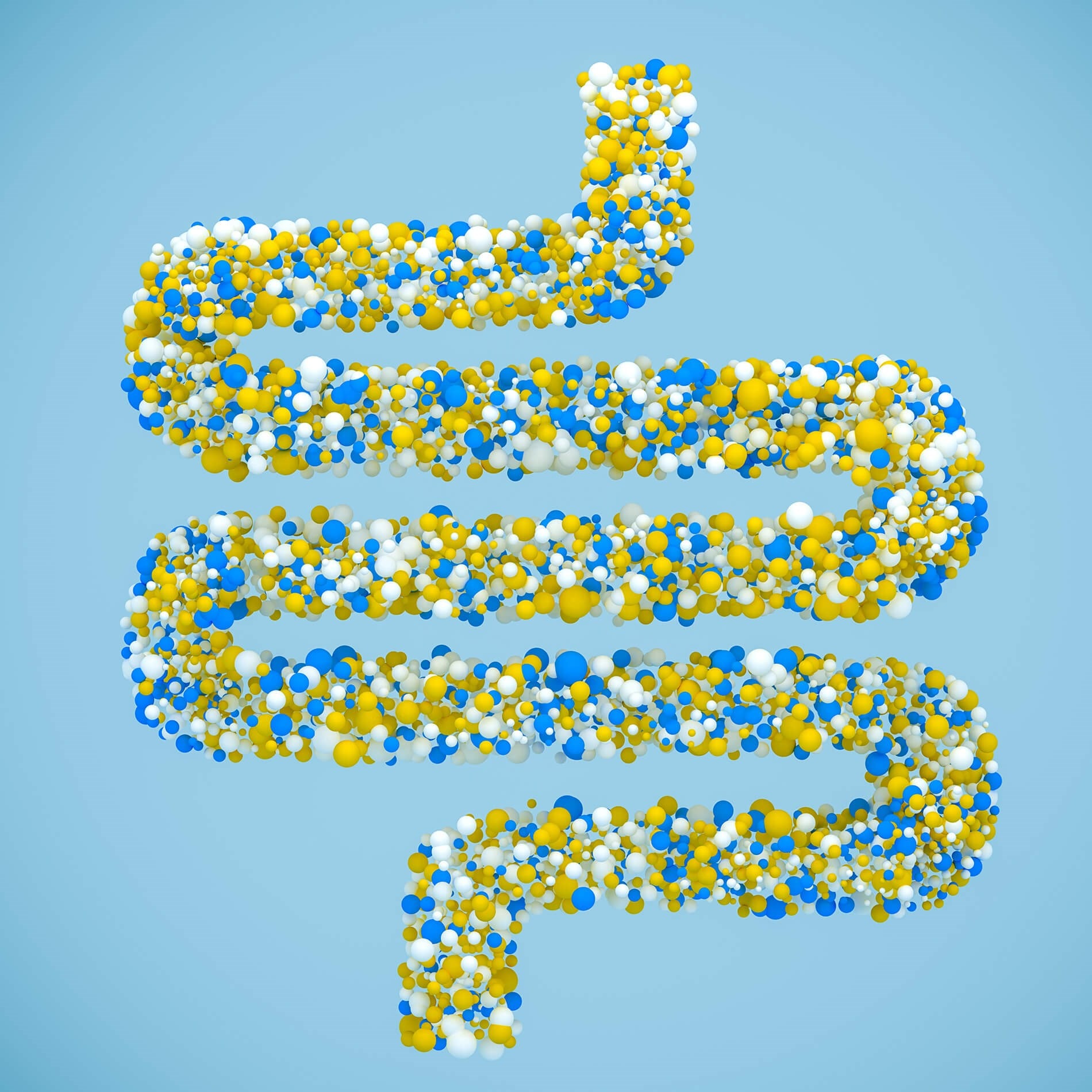 Colorful 3D rendering of an intestine shape made of blue, yellow, and white spheres against a light blue background.