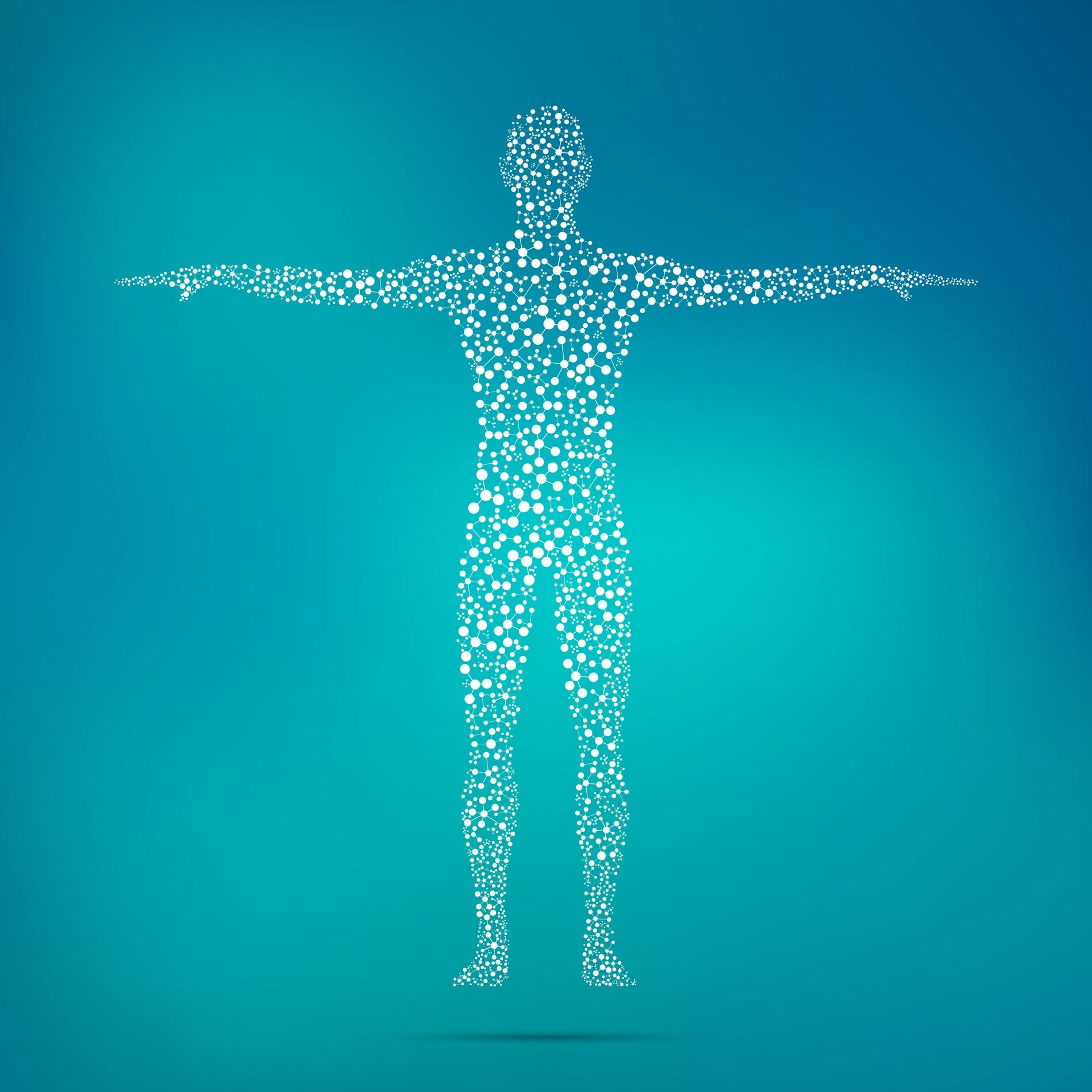 Silhouette of a human figure composed of white dots against a gradient blue background, arms outstretched in a T-pose.