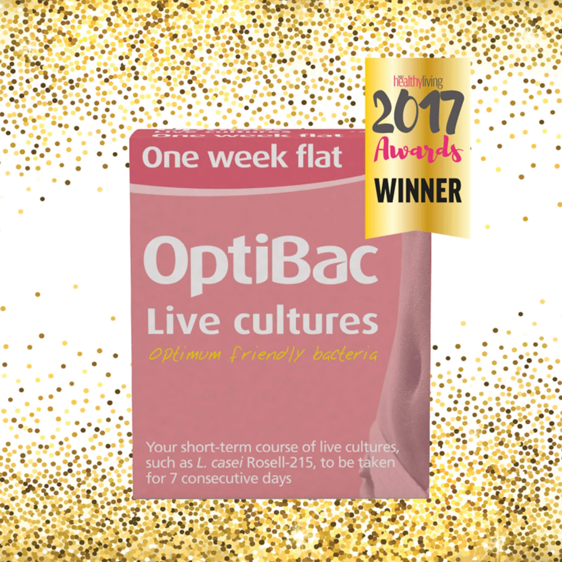OptiBac Live Cultures box on a gold glitter background with a "Healthy Living 2017 Awards Winner" banner.