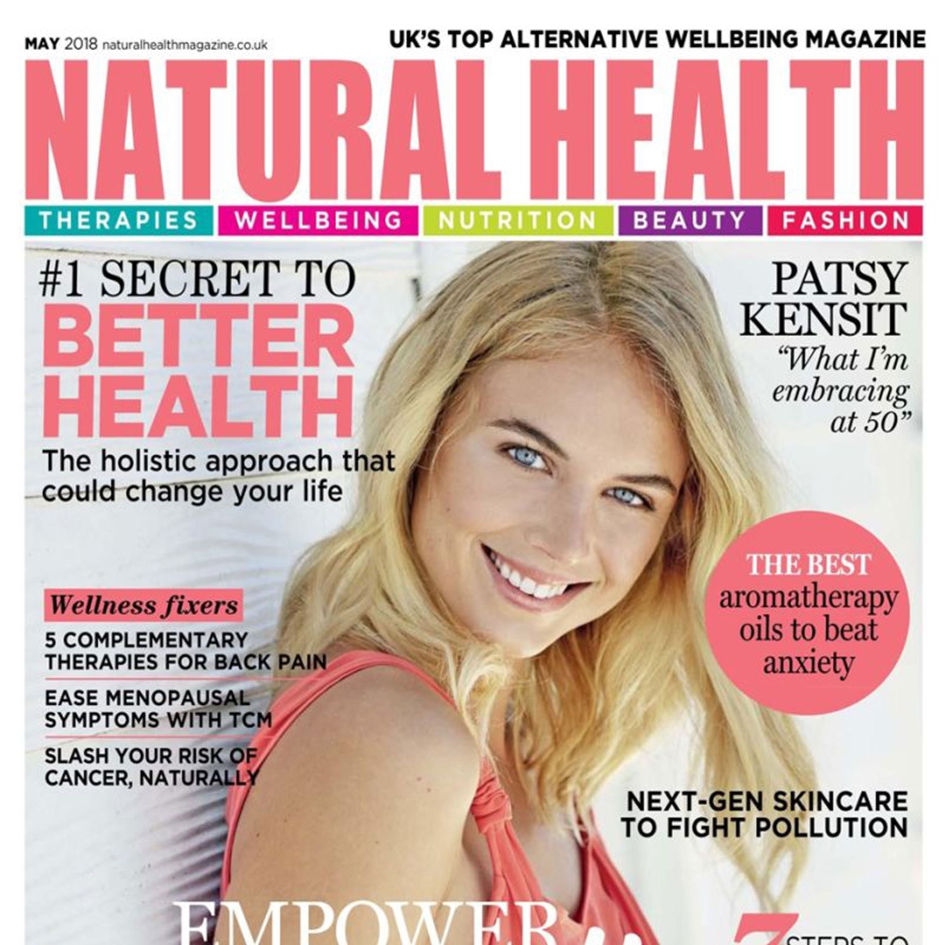 Magazine cover titled "Natural Health" featuring a smiling woman, health tips for better living, and articles on therapies and skincare.