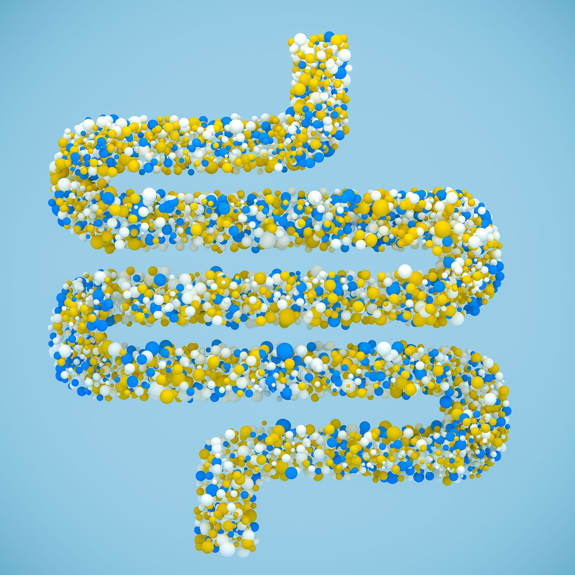 A spiral structure made of blue, yellow, and white spheres on a light blue background, resembling a stylized intestine.