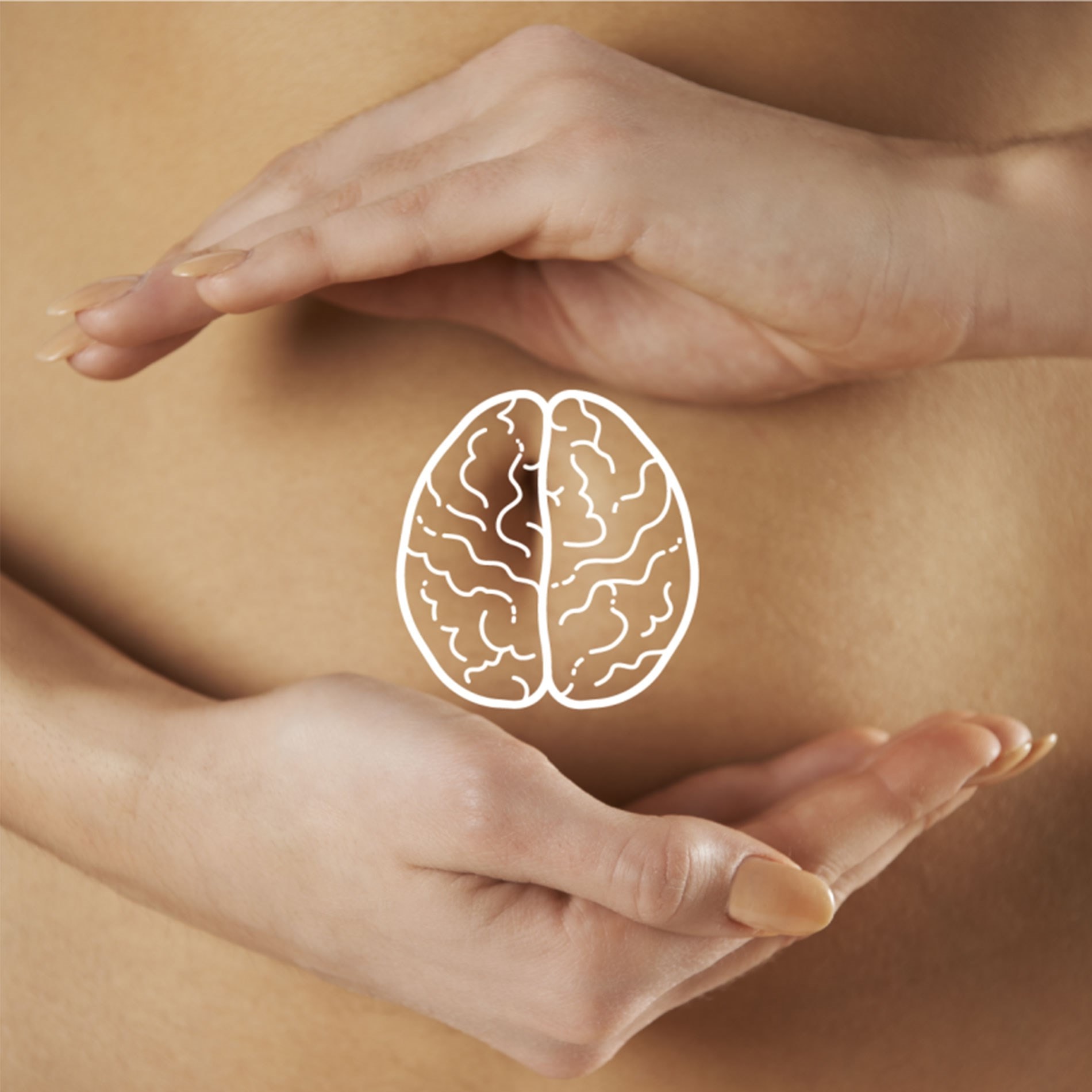 Hands forming a circle around a stylized brain illustration on a bare torso background.