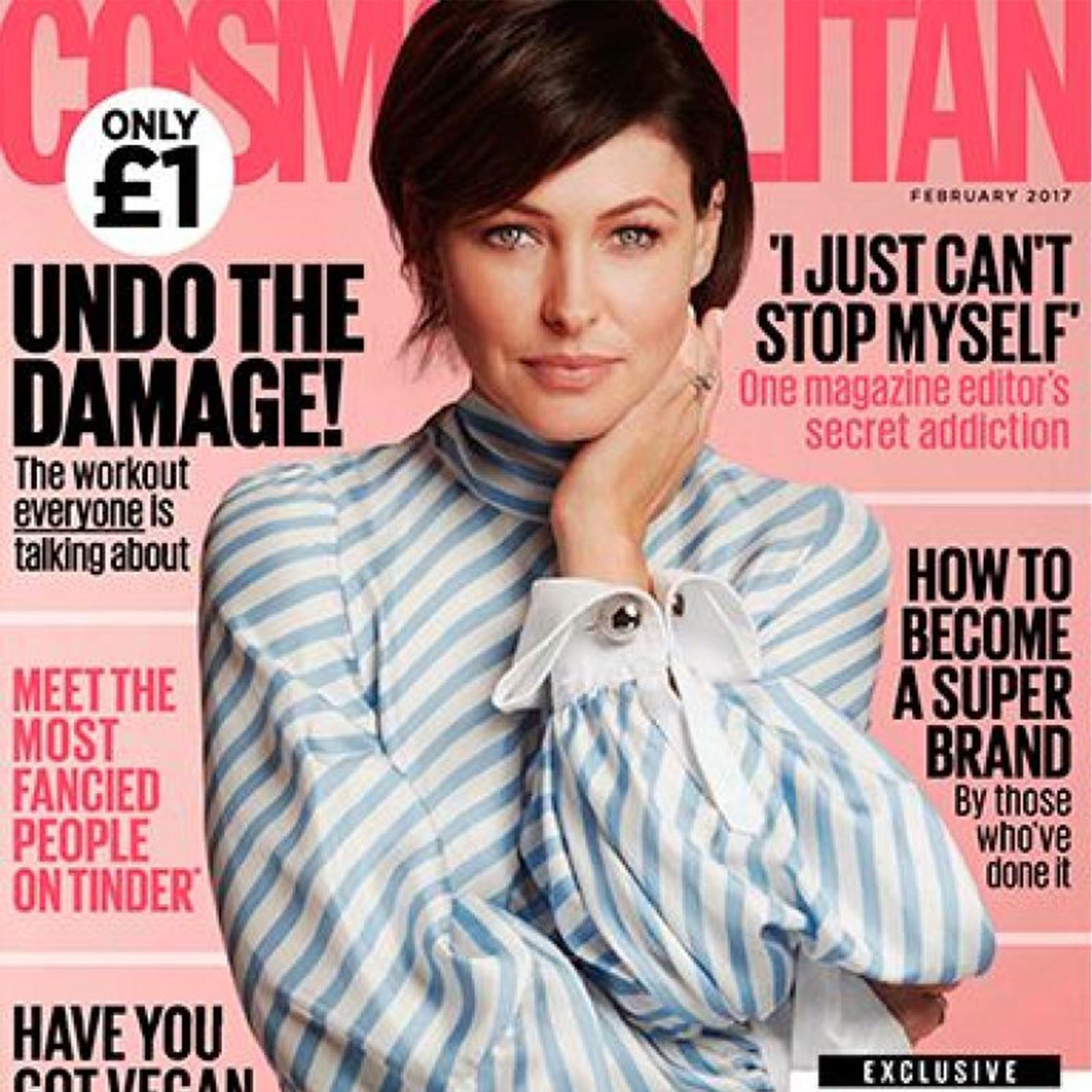 Woman in a striped blouse on Cosmopolitan cover, February 2017. Headlines about fitness, addiction, branding, and vegan recipes.