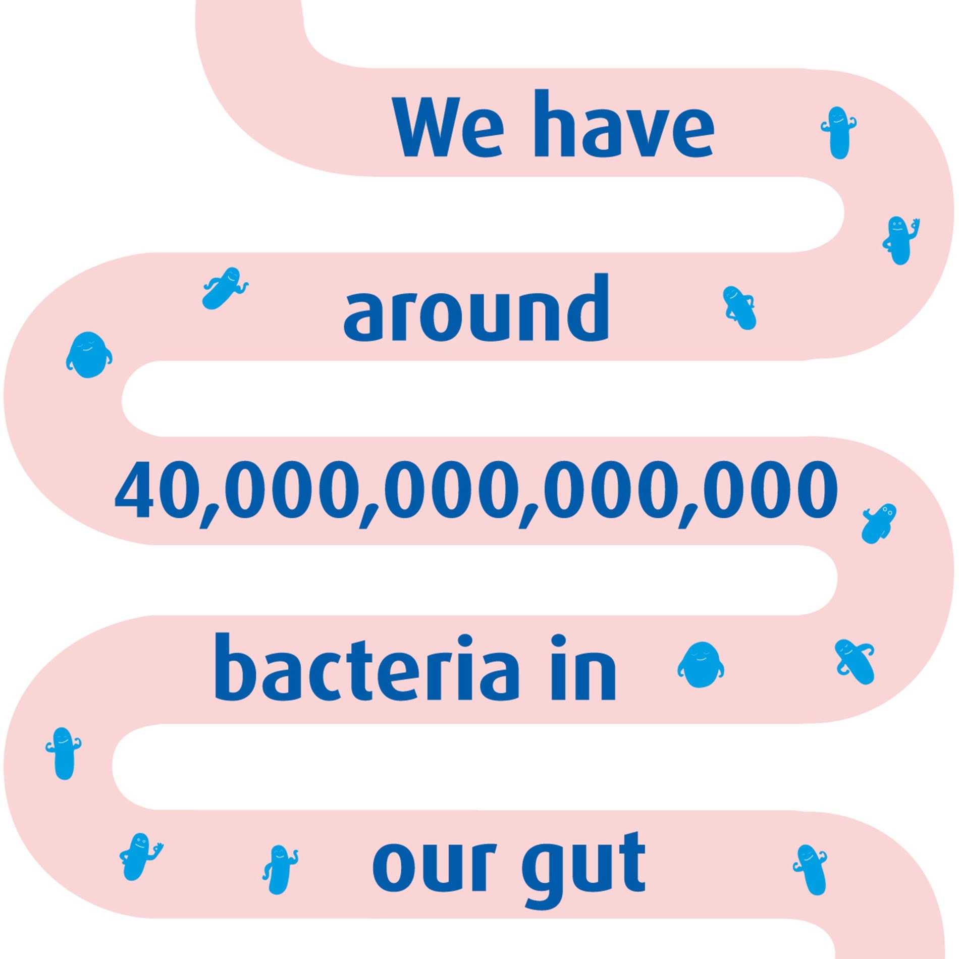 Illustration of a winding path with text stating, "We have around 40,000,000,000,000 bacteria in our gut," surrounded by cartoon bacteria.