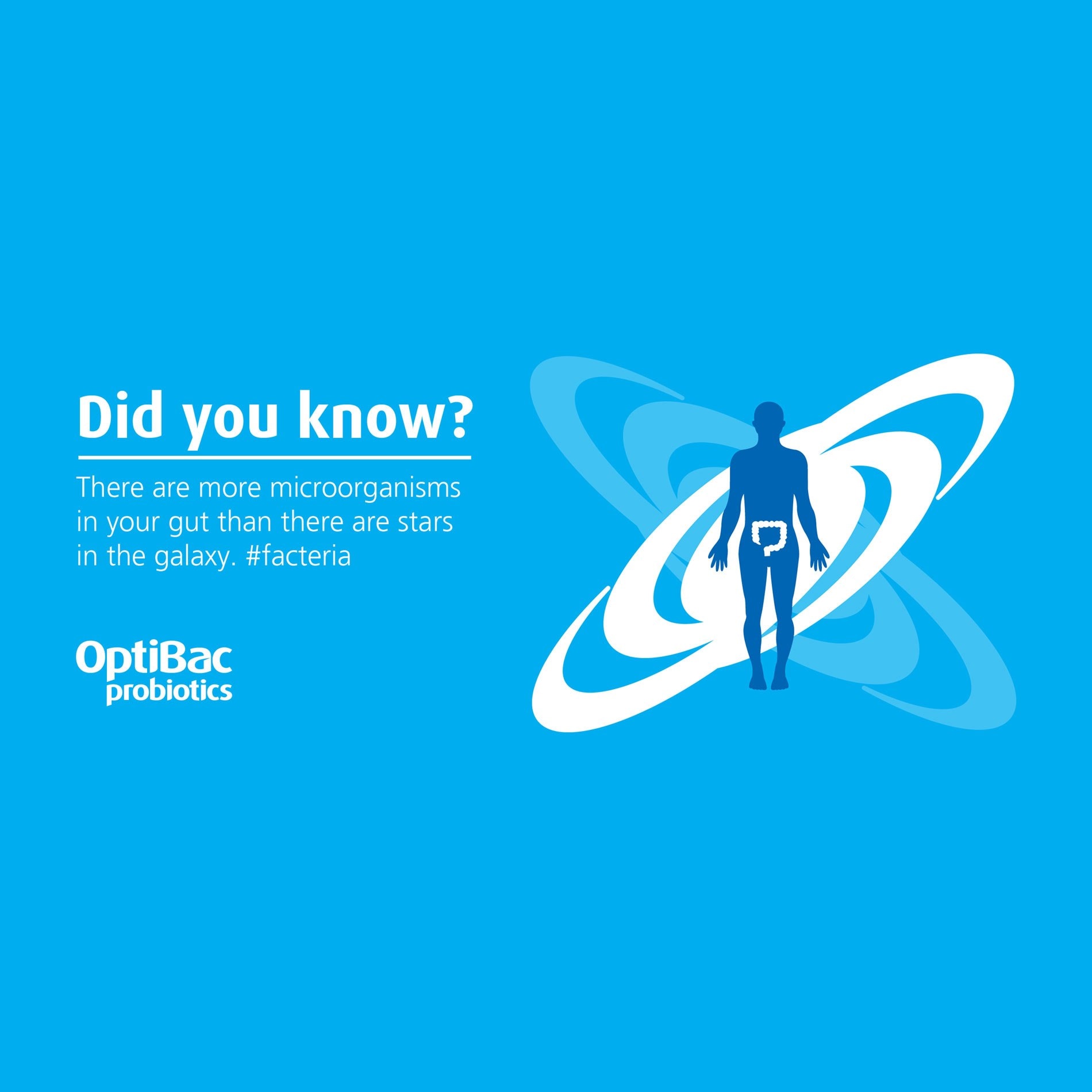 Silhouette of a person with galaxy illustration, text: "Did you know? More microorganisms in your gut than stars in the galaxy. #facteria"