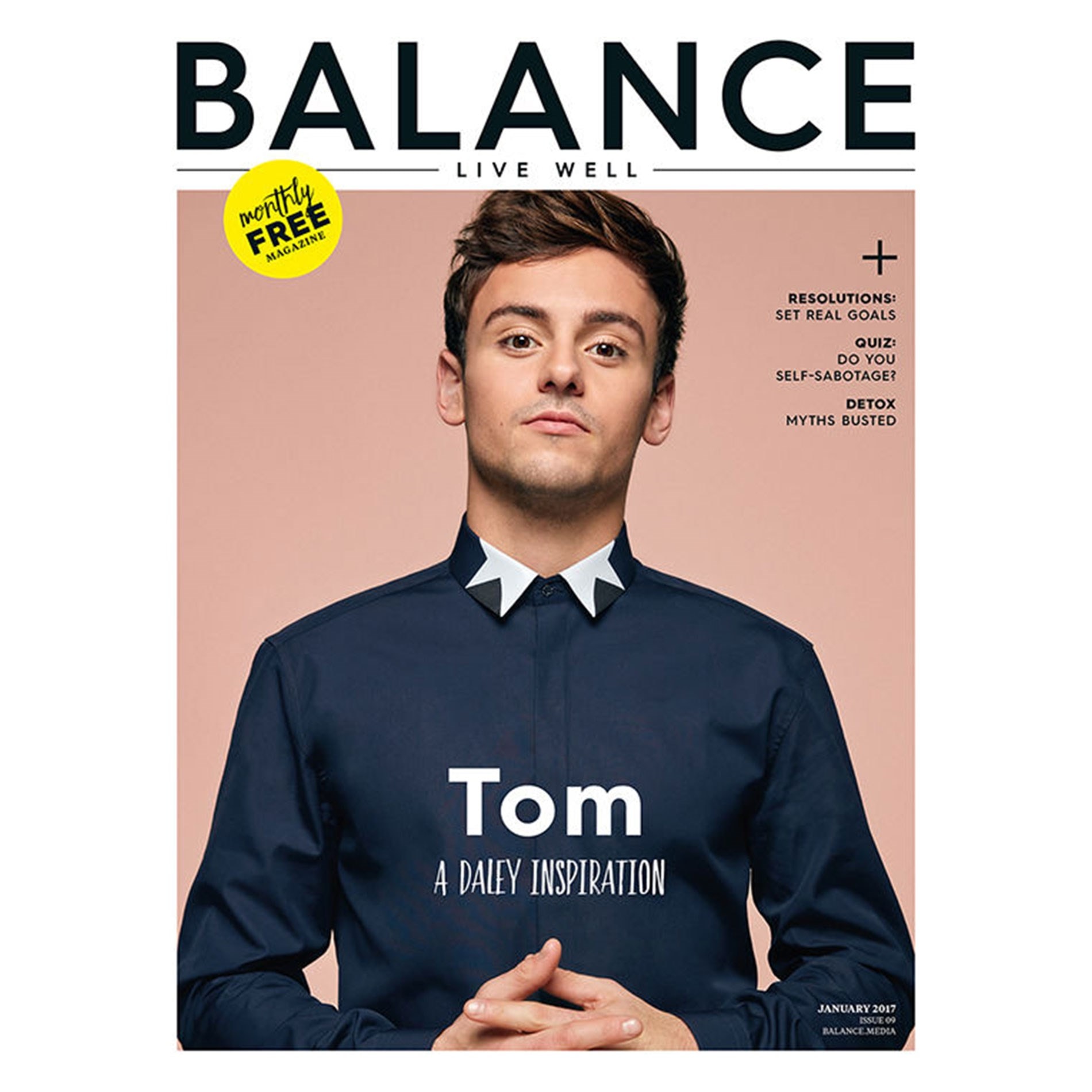 Man in a navy shirt on the cover of "Balance" magazine, featuring articles on resolutions, self-care, and myths.