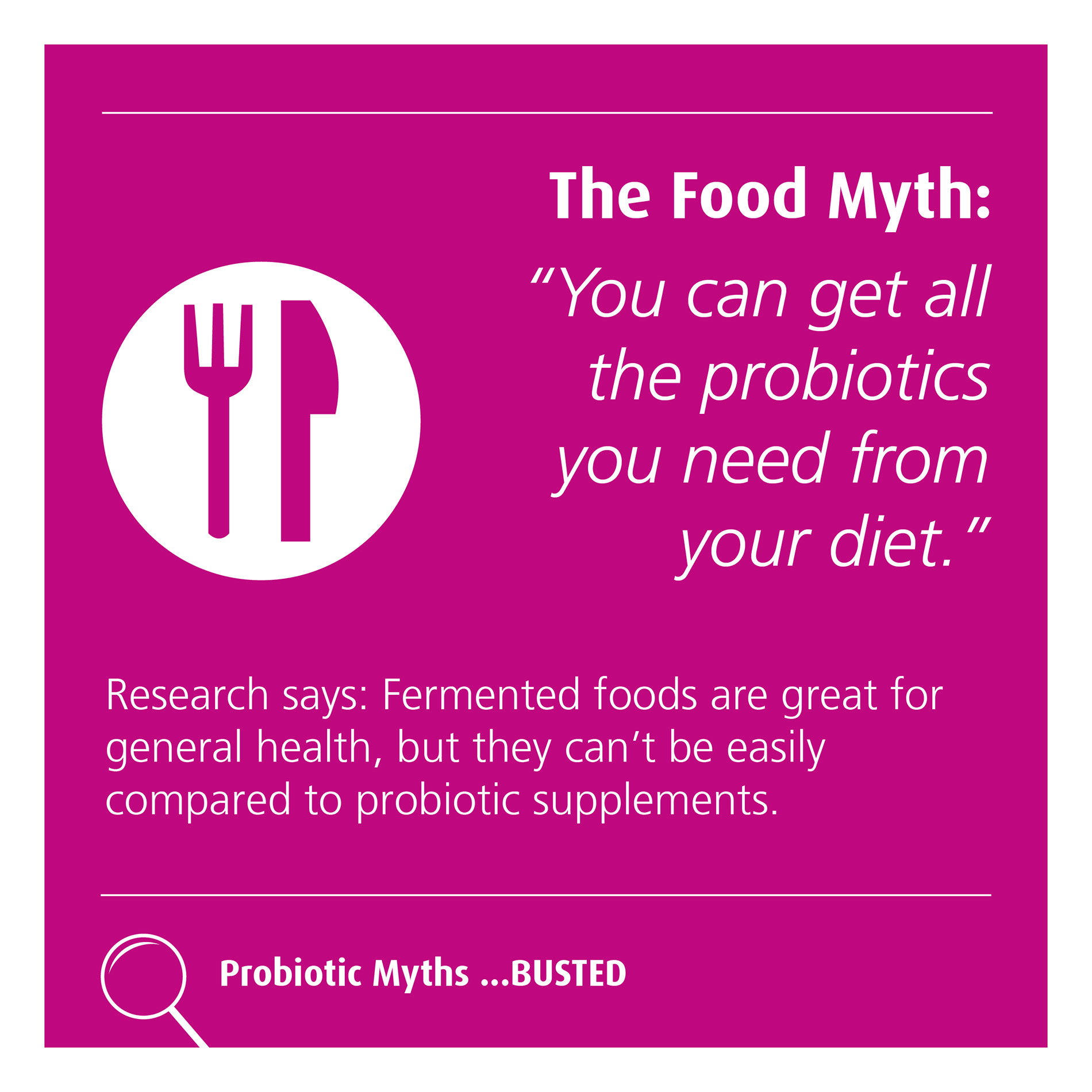 Pink graphic debunking the myth that diet provides all probiotics, highlighting the benefits of supplements over fermented foods.