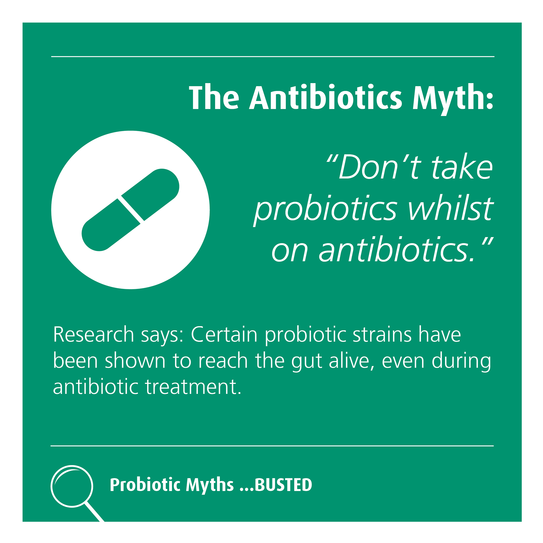 Green graphic debunking the myth that probiotics shouldn't be taken with antibiotics, stating some strains survive antibiotic treatment.