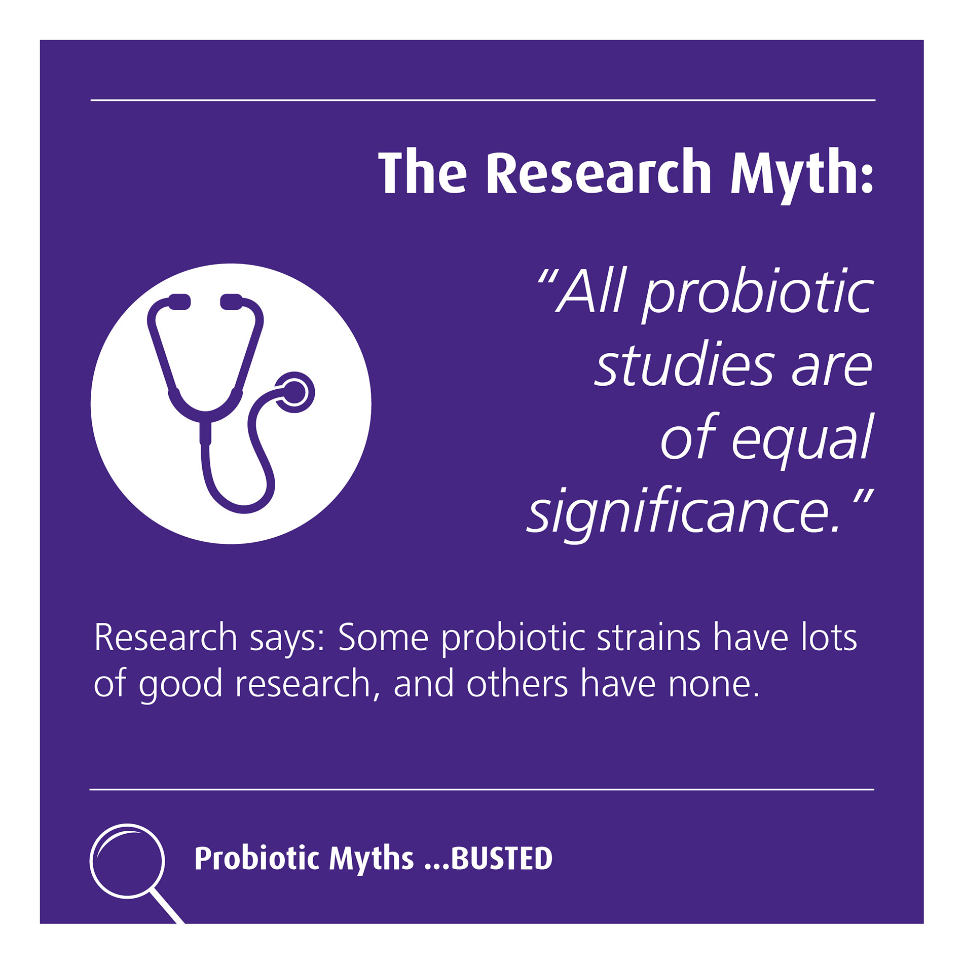 Purple graphic debunking the myth that all probiotic studies are equal, highlighting varying research quality.