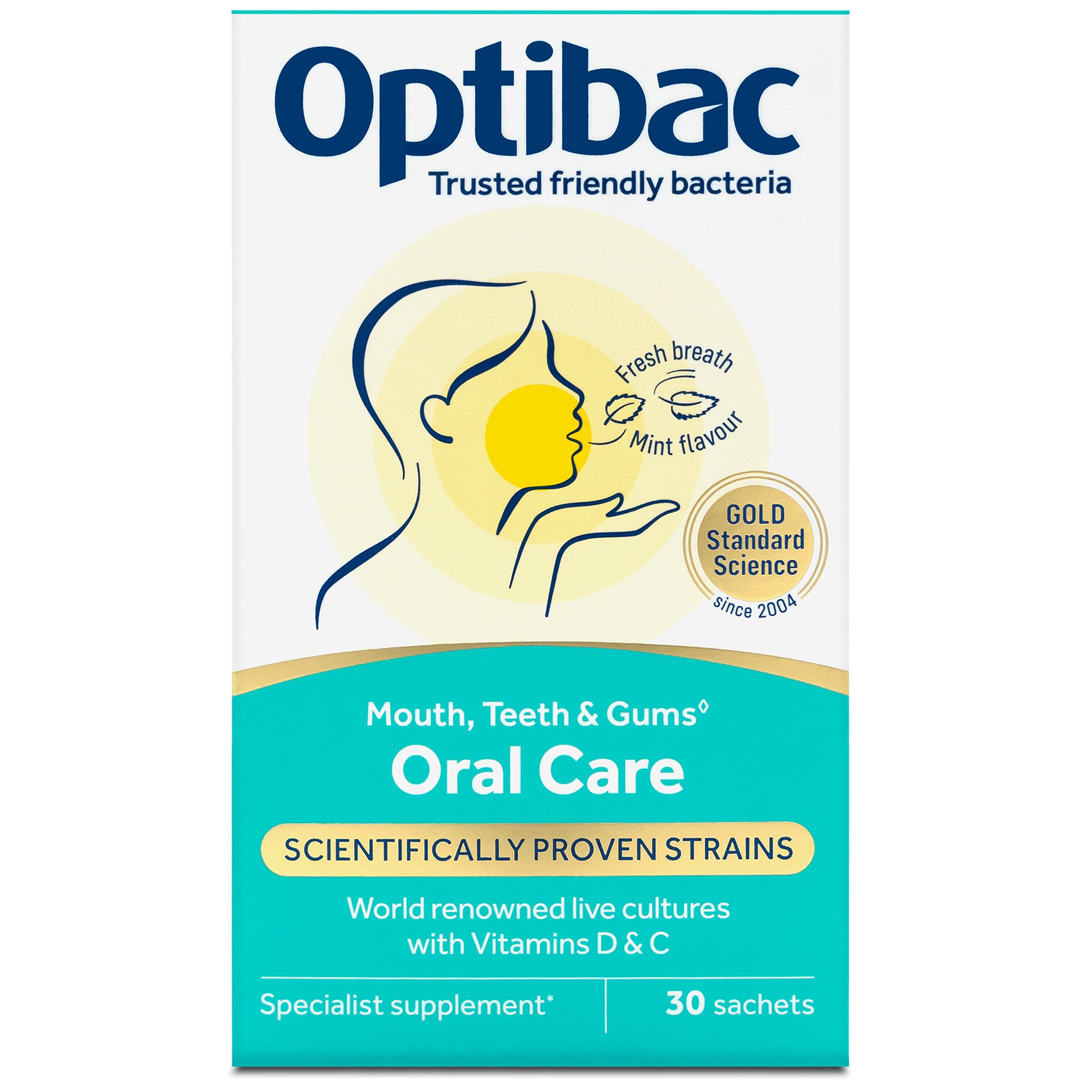 Optibac Oral Care supplement box with 30 sachets, promoting fresh breath, mint flavor, and scientifically proven live cultures with Vitamins D and C.