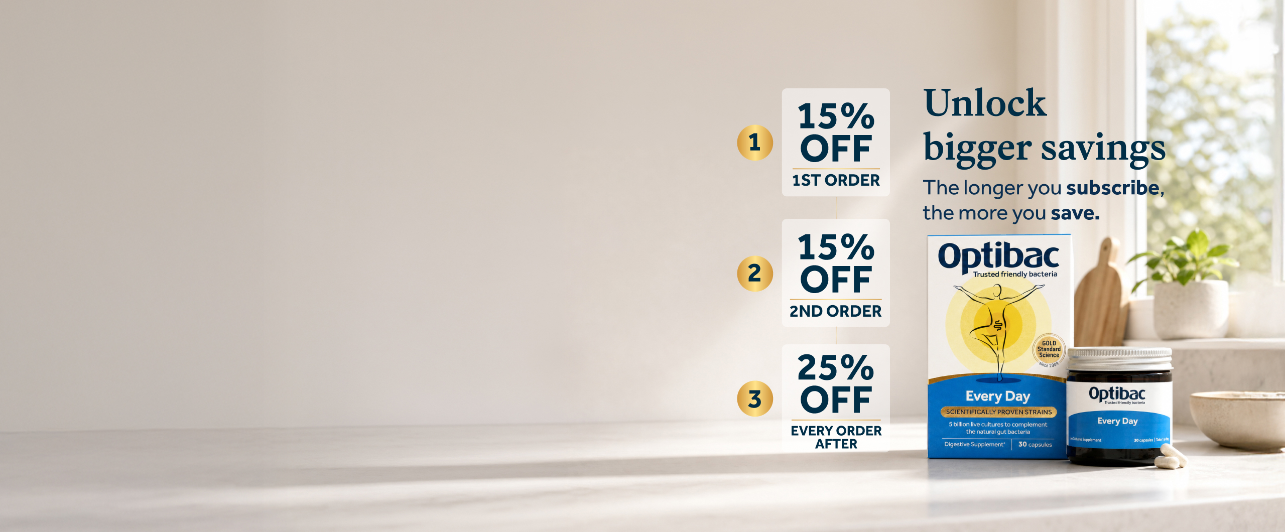 Probiotic supplement box and jar on a counter with a plant, offering escalating discounts on subscriptions: 15% off 1st and 2nd orders, 25% off thereafter.