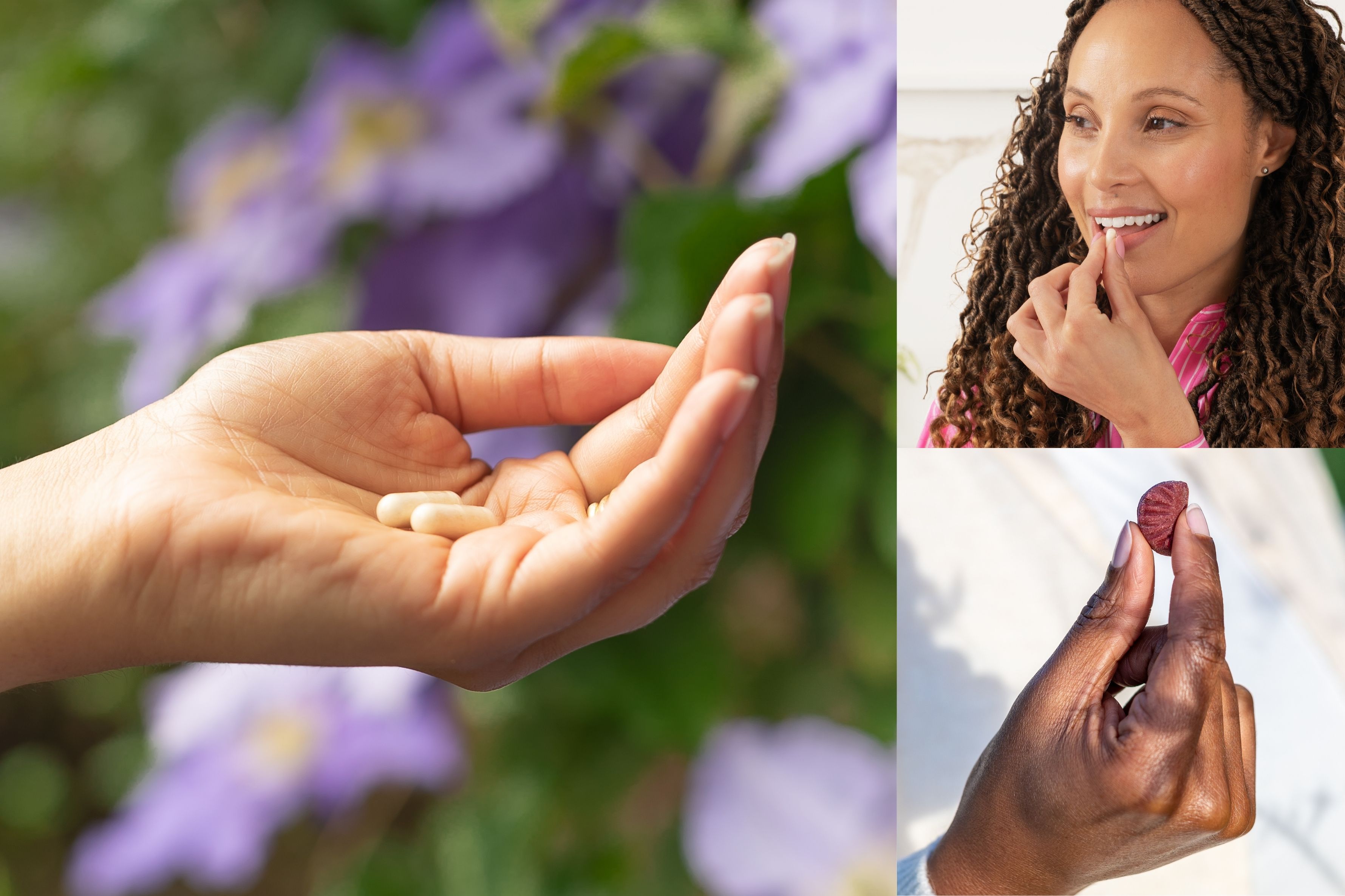 Hands holding pills, a woman taking a pill, and a hand holding a red supplement, set against a floral background.