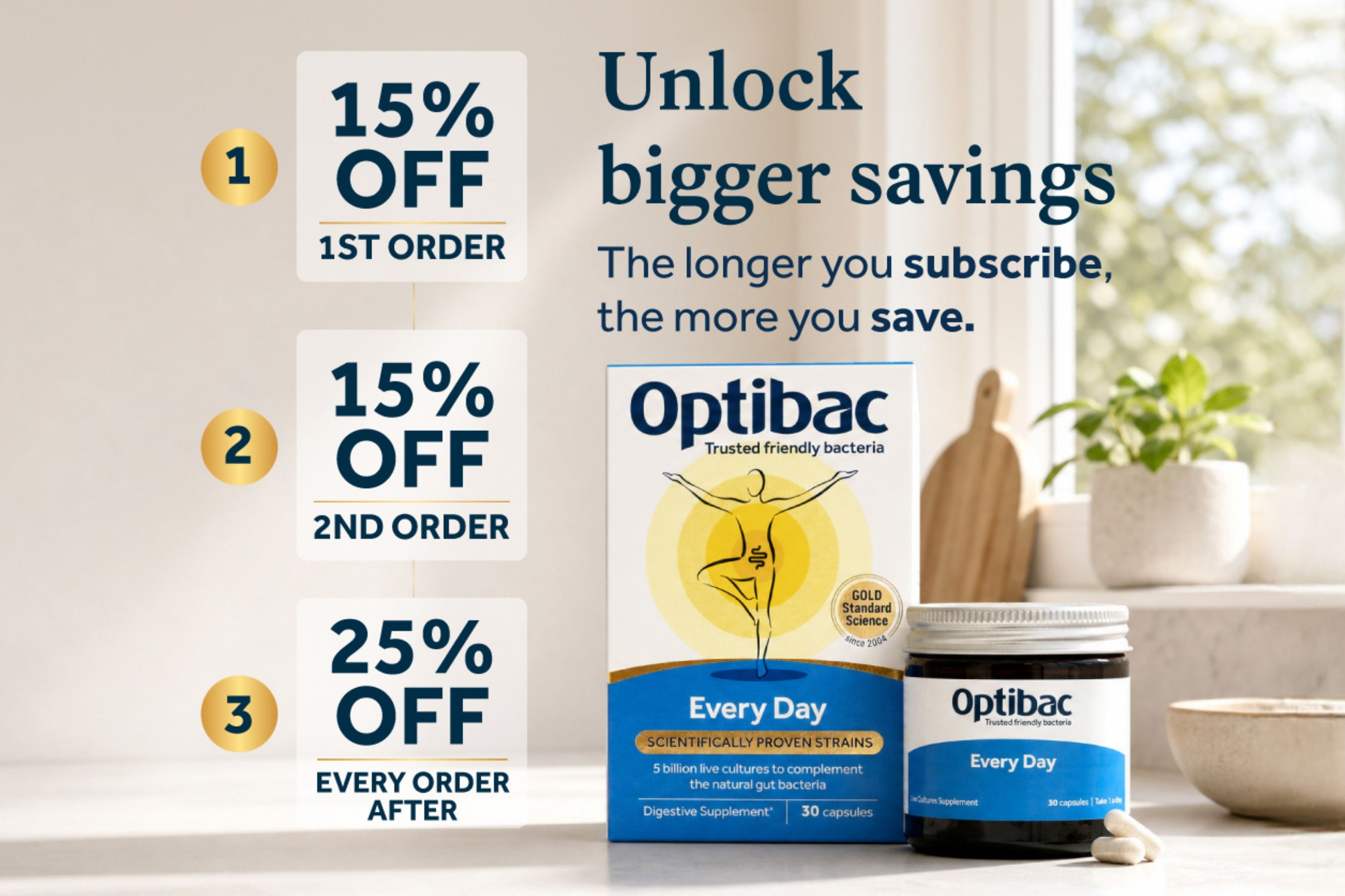 Optibac subscription savings offer with 15% off first and second orders, 25% off every order after. Products displayed on a kitchen counter.