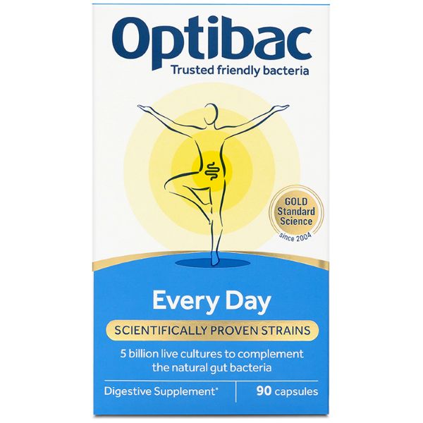 Optibac Everyday probiotic supplement box with person balancing, highlighting digestive health benefits. Contains 90 capsules.