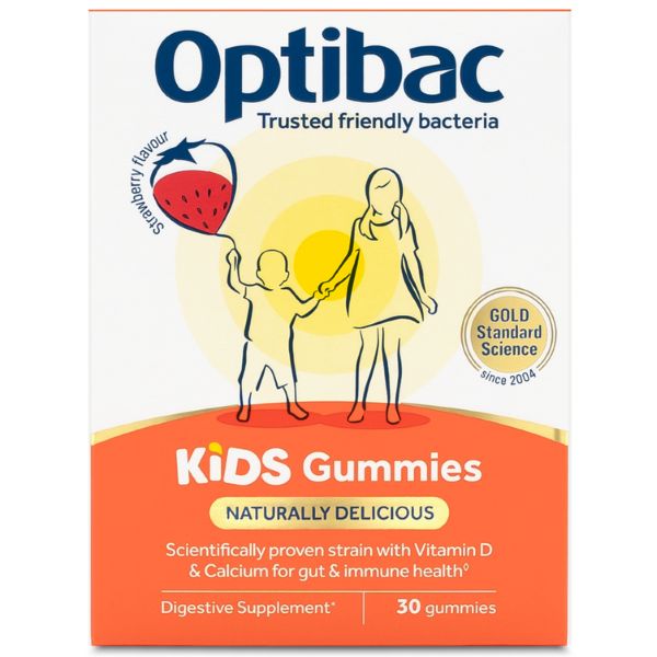 Optibac Kids Gummies box with a mother and child illustration, strawberry flavor, highlighting Vitamin D, Calcium, and digestive benefits. 30 gummies.