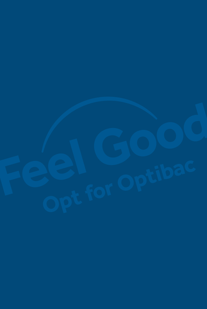 Blue background with the text "Feel Good Opt for Optibac" in a bold font, partially obscured by a curved line.